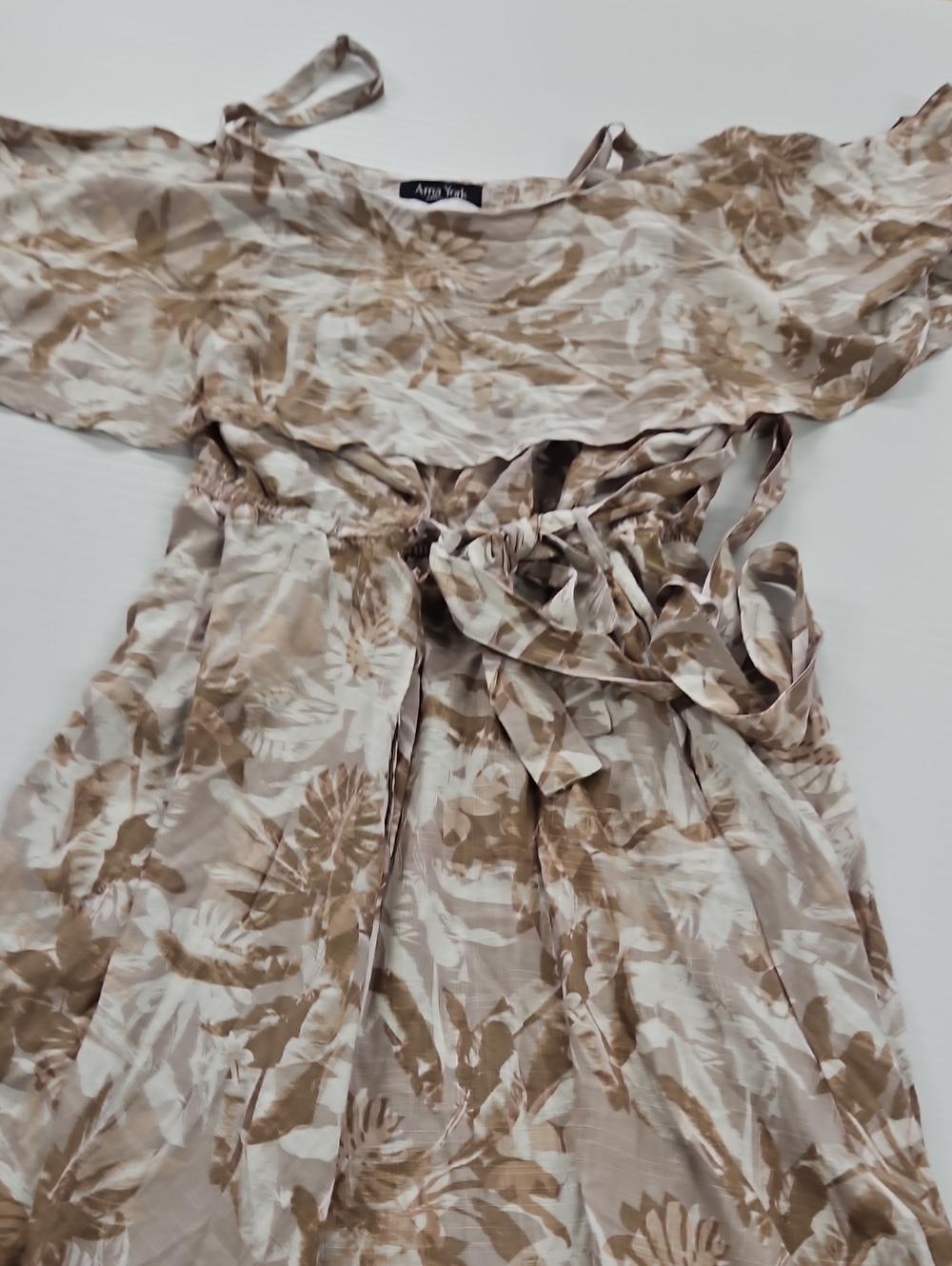 Anna York Beige Tropical Print Maxi Dress with Waist Tie